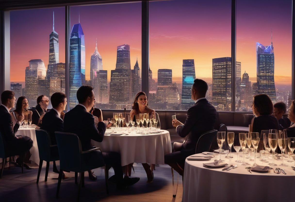 A vibrant city skyline at dusk, with a glowing high-rise adorned with a luxurious logo, symbolizing exclusive events. Below, an elegant crowd mingles, dressed in upscale attire, sharing laughter and conversation. In the foreground, a spotlight shines on a networking table filled with fancy business cards and champagne glasses. The atmosphere is electric, hinting at prosperity and connection. super-realistic. vibrant colors. 3D.