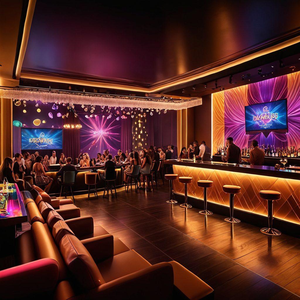A vibrant scene depicting a luxurious club with people enjoying various recreational activities like pool, dancing, and socializing. The atmosphere is filled with colorful lights and a stylish bar in the background. Include elements like elegant seating, happy faces, and a DJ booth to convey premium entertainment. The setting should be inviting and energetic, encapsulating the essence of a club journey. super-realistic. vibrant colors. night scene.