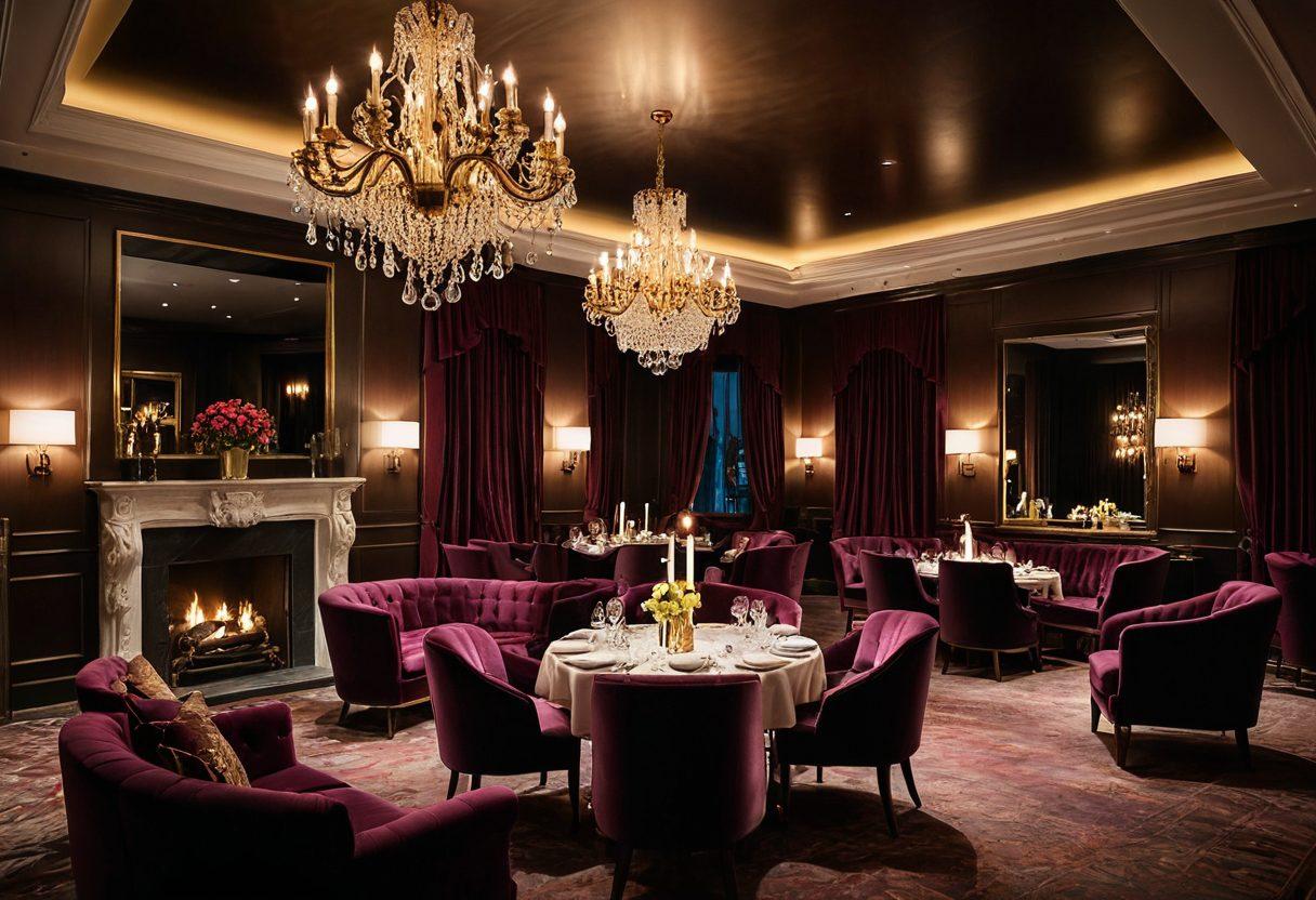A luxurious club interior, featuring plush velvet seating, a grand chandelier, and elegantly dressed guests enjoying gourmet hors d'oeuvres and fine wine. In the background, a secretive VIP area, subtly lit, creates an air of exclusivity. Include elements like a glowing membership keycard and soft ambient lighting that highlights the opulence. super-realistic. vibrant colors. elegant atmosphere.